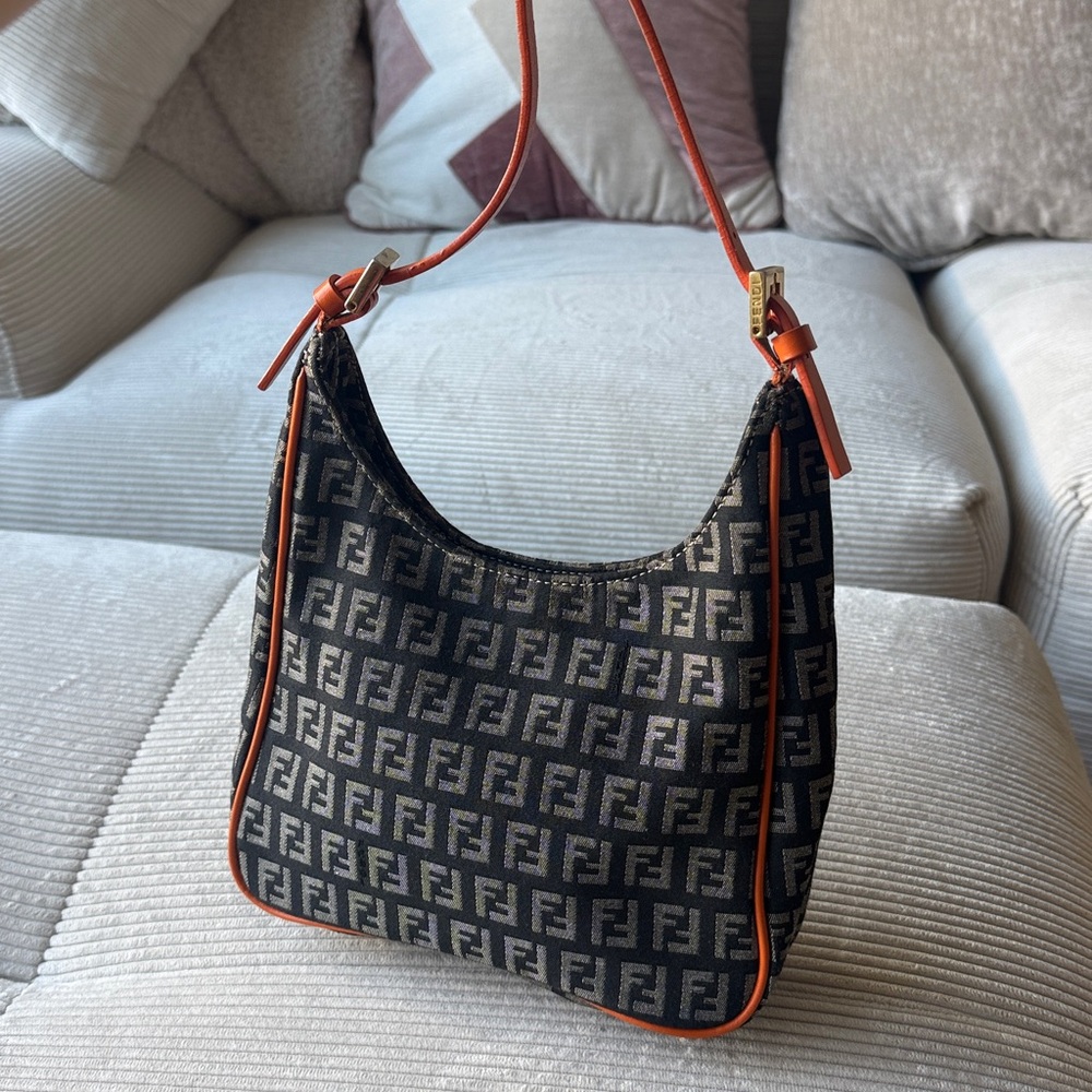 Fendi Black and Gray Monogram Shoulder Bag with Orange Trim
